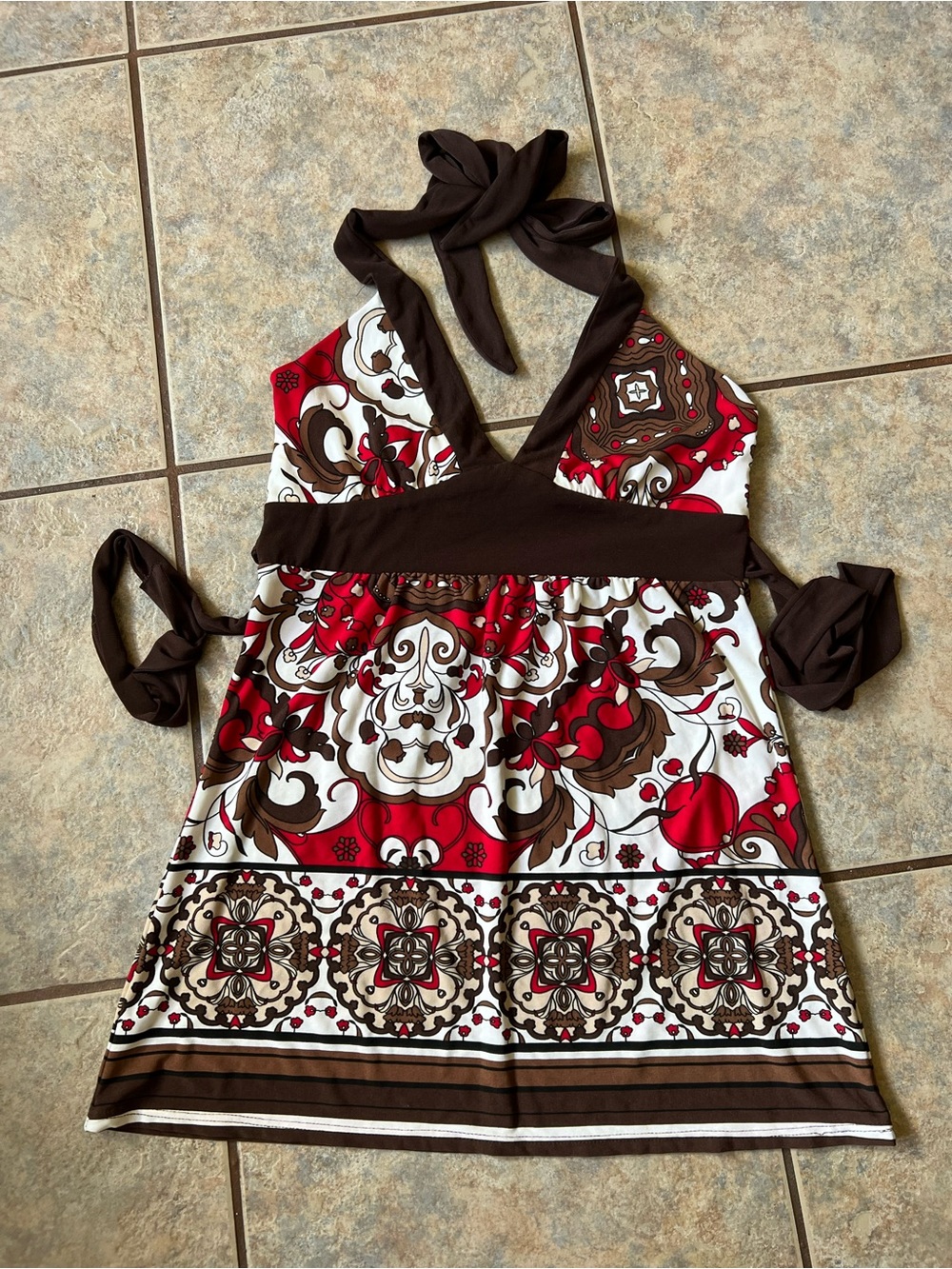 Y2K 2000 Brown, Red and White Patterned Halter Top